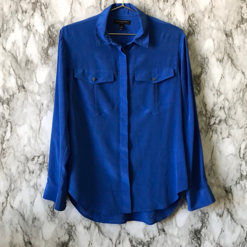 Royal Blue Silk Button Down Top
